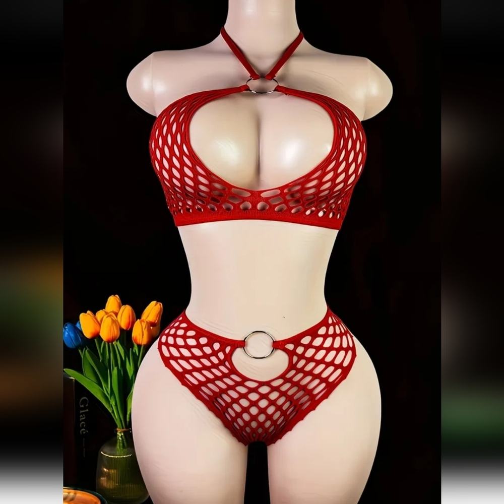 2pc Red Fishnet Cutout Halter Bikini Cover Up/Lingerie Set W/Silver O-rings (OS)